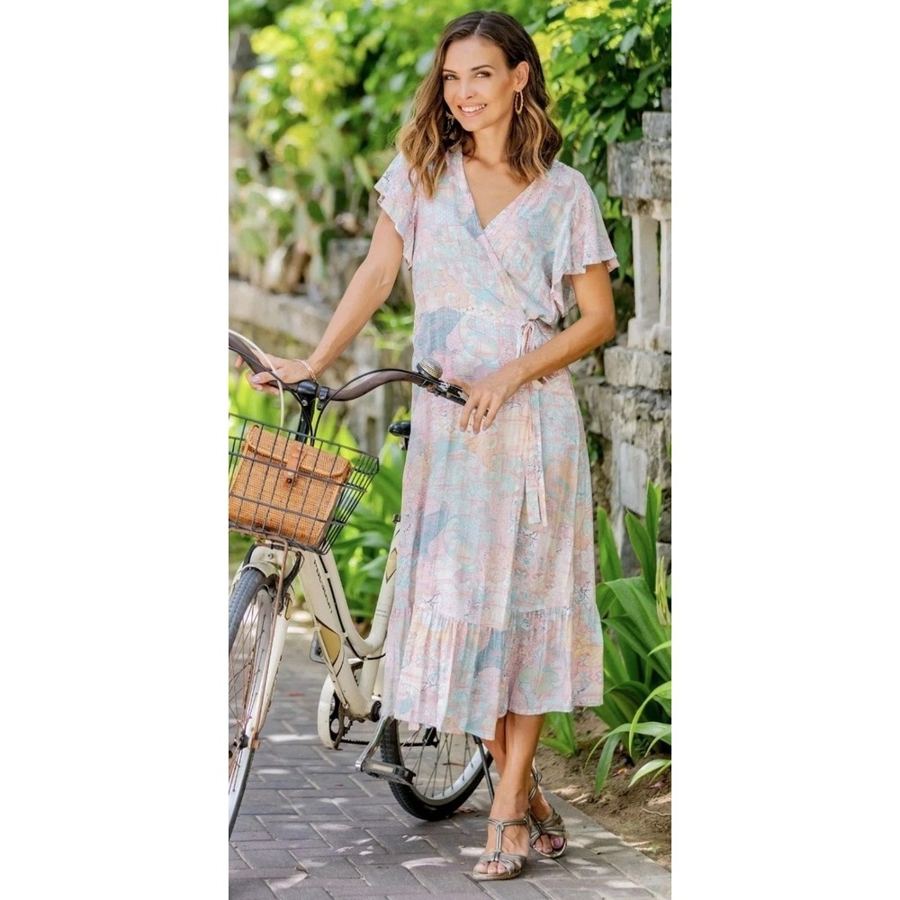 NOVICA Boho Floral Wrap Rayon Maxi Dress V-Neck S Flowy Ruffle Sleeve Whimsy